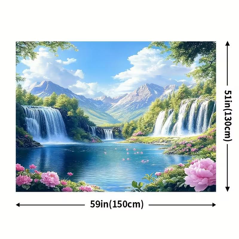 2D Printed Waterfall Lake Scenery Backdrop, Mountain View with Pink Flowers Photo Background for Home Decor