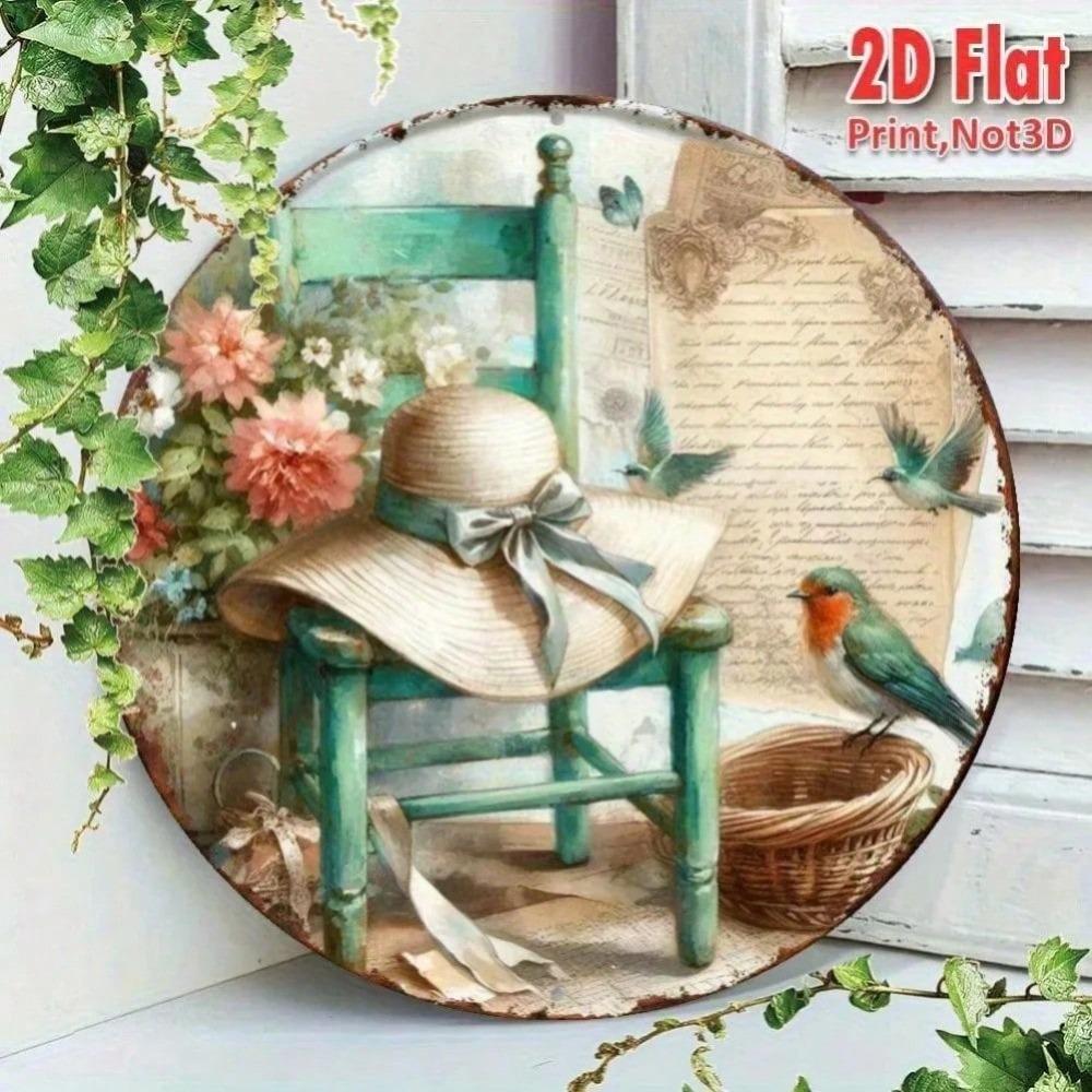 Tin Sign Straw Hat with Bird & Floral Art, Waterproof Metal Poster for Home Wall Decor