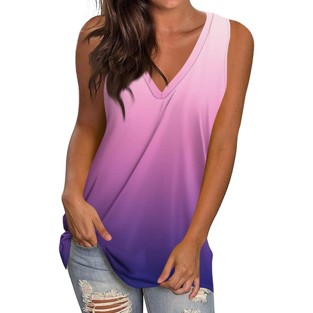 Women's Casual Fashion V-Neck Sleeveless Pullover Top Printed Vest T-Shirt