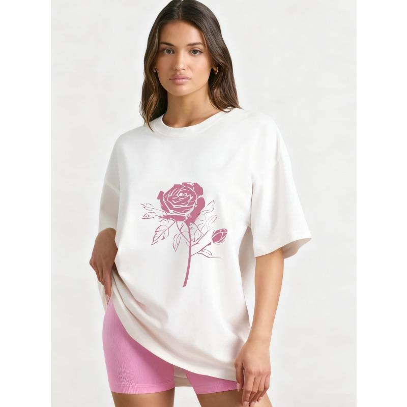 Oversized T Shirt Black Rose Flower Print Casual Loose Fit Top for Women Summer Streetwear Fashion Statement Piece
