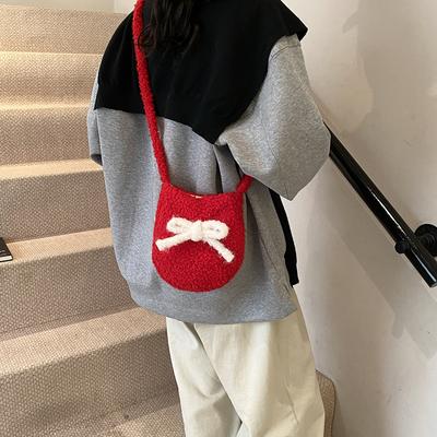 2025 Retro Plush Large-capacity Bucket Bag Women's Red Shoulder Small Crossbody Cloth Bag Niche Casual Bag