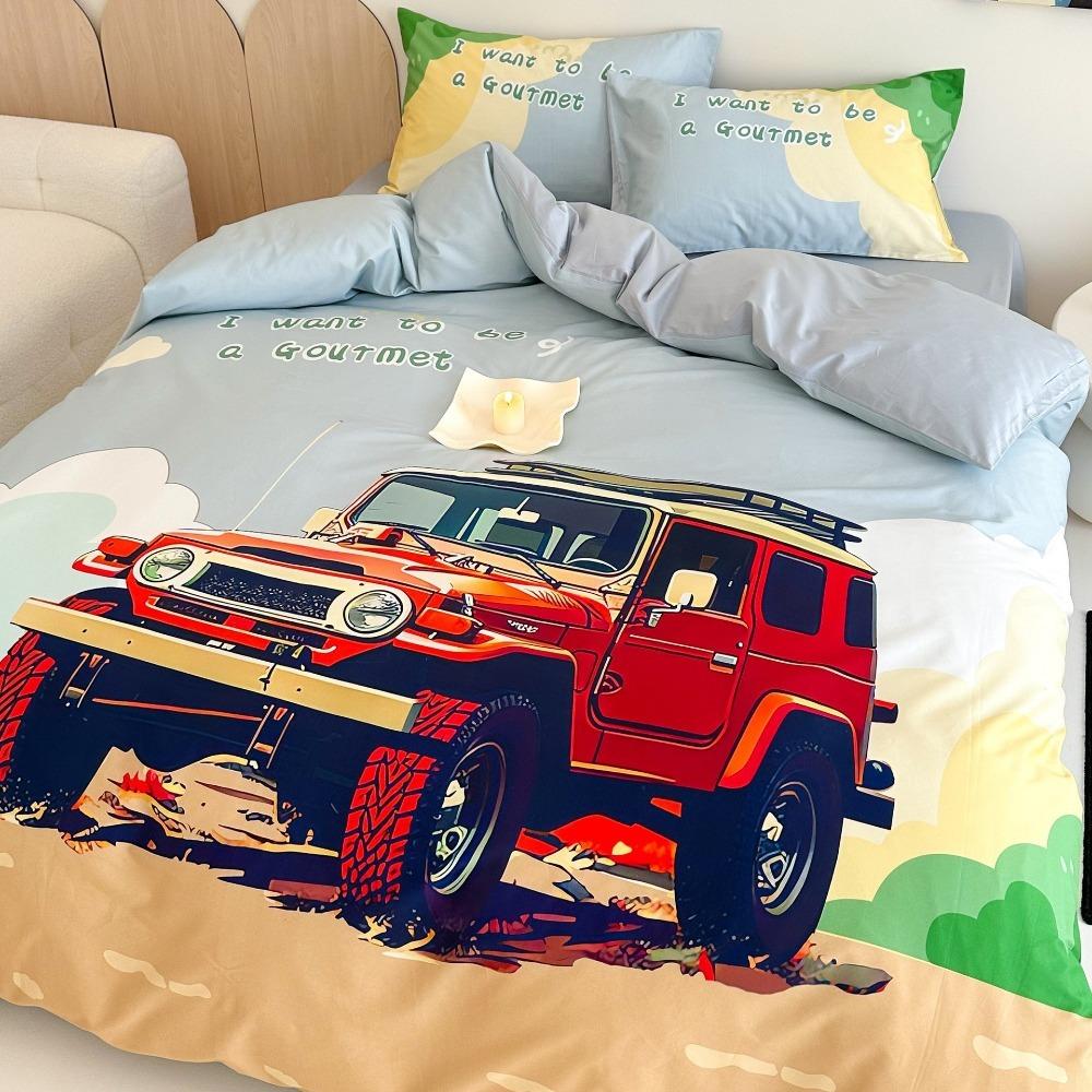 Cartoon Car  Motif,Microfibre Bedding Sets, Children's Bed Decor Duvet Cover for Teenagers Adult 3-Piece  with Zip Room Decor