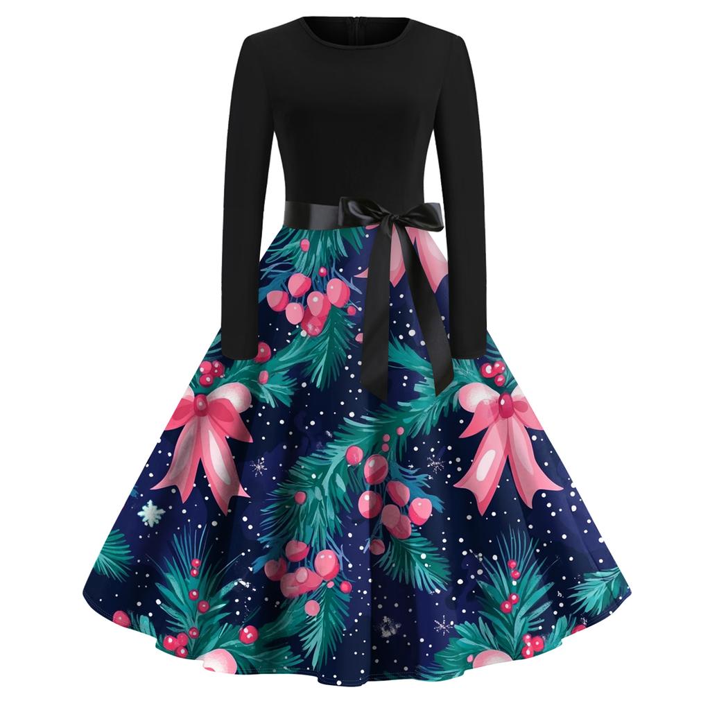 Women's Fashion Round Casual Slim Fit Christmas Print Large Swing Long Sleeve Dress
