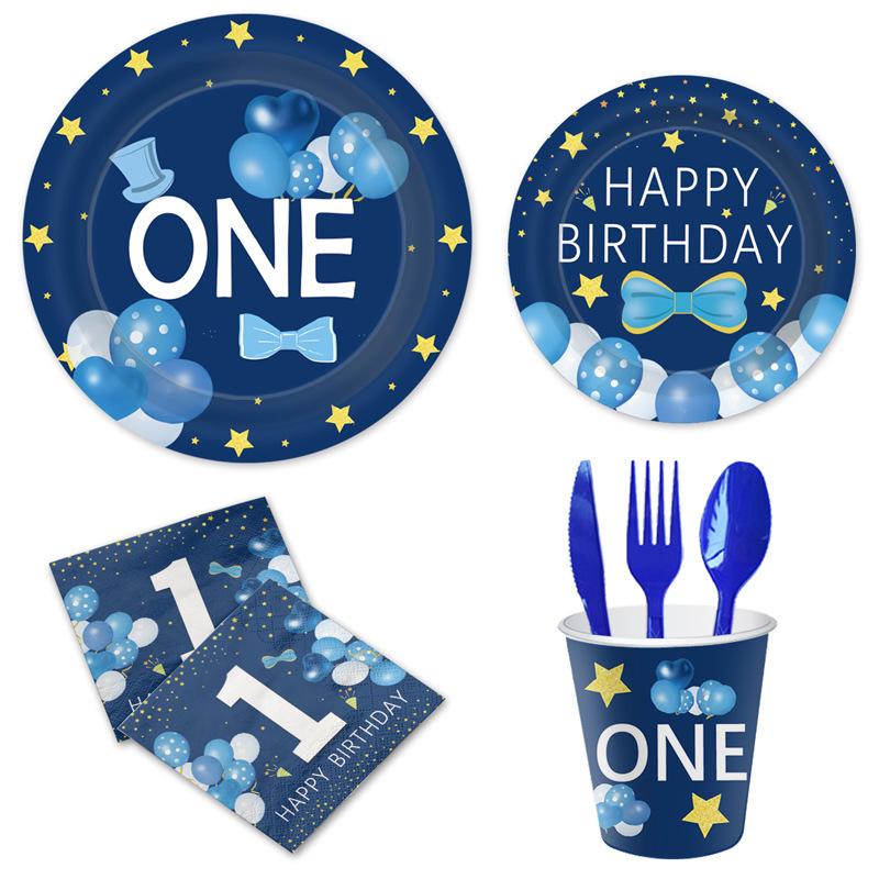 Boy Blue First Birthday Party Tableware Disposable Paper Plates Paper Cups Paper Towels Party Supplies Set