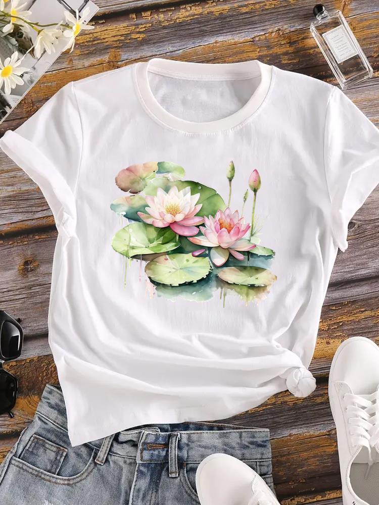 (Asian Size) Lady Female Top Printed Women Flower Sweet Trend 90s Casual T Shirt Fashion Graphic Short Sleeve T-shirts Tee Clothing