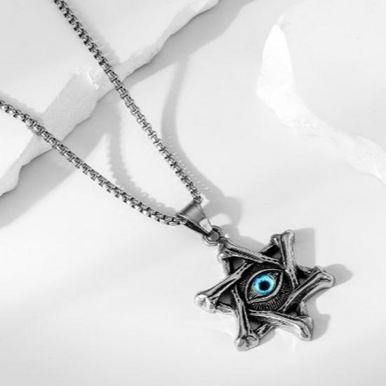 Men's Stainless Steel Hexagram Pendant Necklace with Blue Eye of Providence