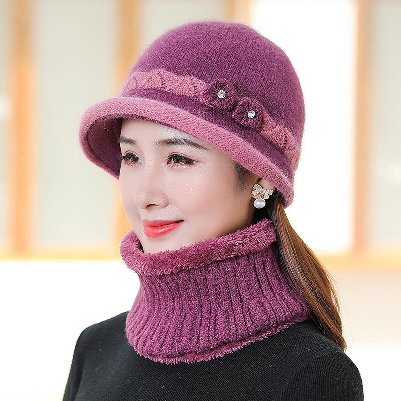 New Women Winter Hat Thick Warm Knitted Hat Scarf Gloves 2Pcs Set Fashion Hats Middle-Aged Mother Flowers Rabbit Fur Bucket Hat