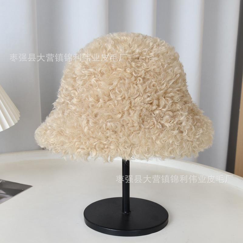 Female Thickened Teddy Fleece Curly Hair Bucket Hat Fashionable Winter Warm Hat Retro Curly Hair Basin Hat Versatile