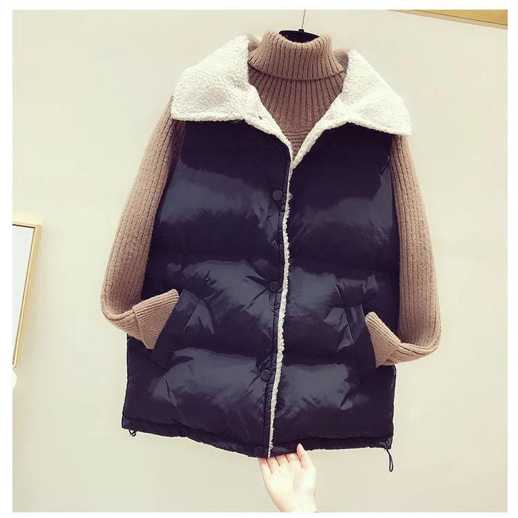

Lamb Plush Vest Women s Short Autumn and Winter Fashion Waistcoat Loose All-match Down Cotton Waistcoat Jacket XL чёрный