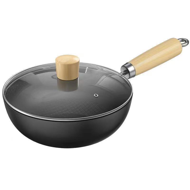 Wok compact din fier pentru stir-fry pentru o persoană, antiaderent, fără strat de acoperire, universal pentru plite cu inducție și pe gaz