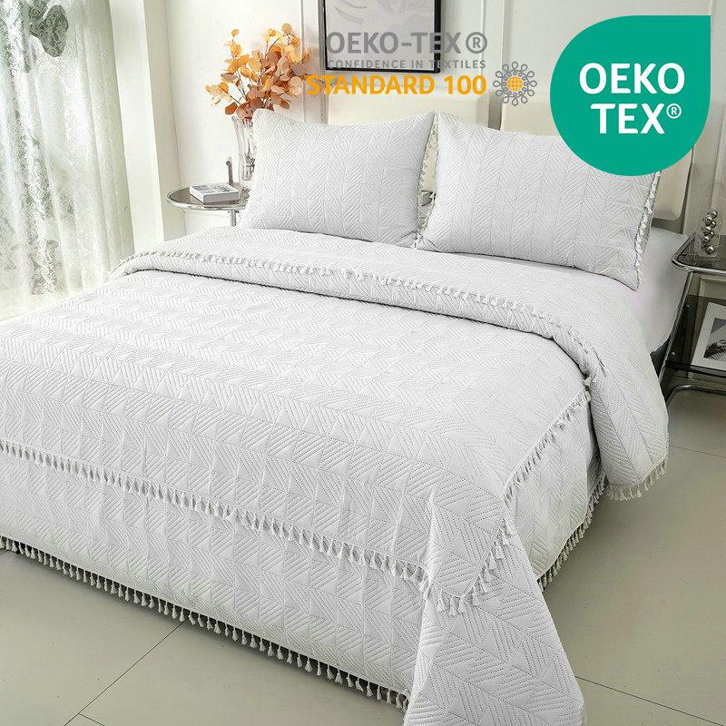 

Pure Cotton Brushed Fabric Tassel Bed Cover Set: Solid Color Collection, Three-Piece Bedding with Optional Fourth Piece. Twin: 168x229cm bed cover, 50x75cm pillowcase x2 белый