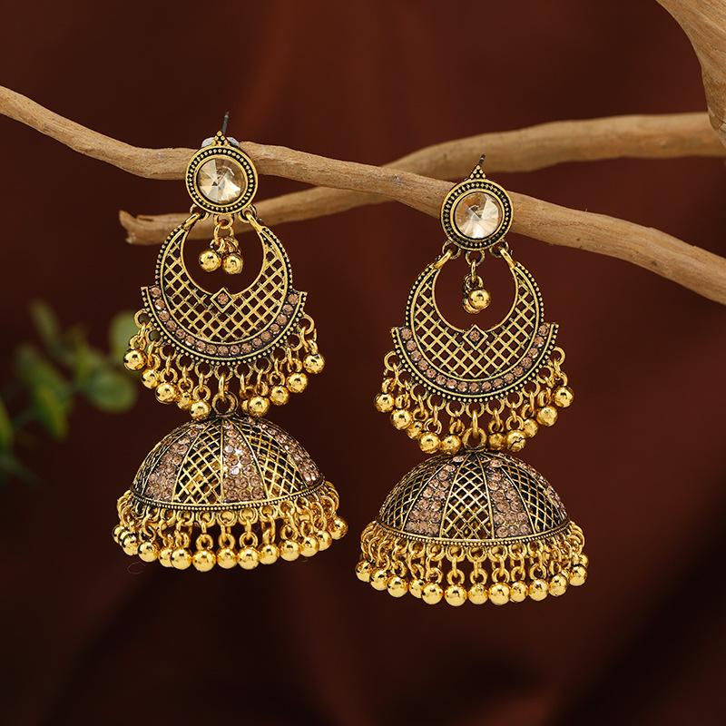 Women Indian Ethnic Earrings Femmes Vintage Hollow Crystal Lantern Tassel Drop Earring
