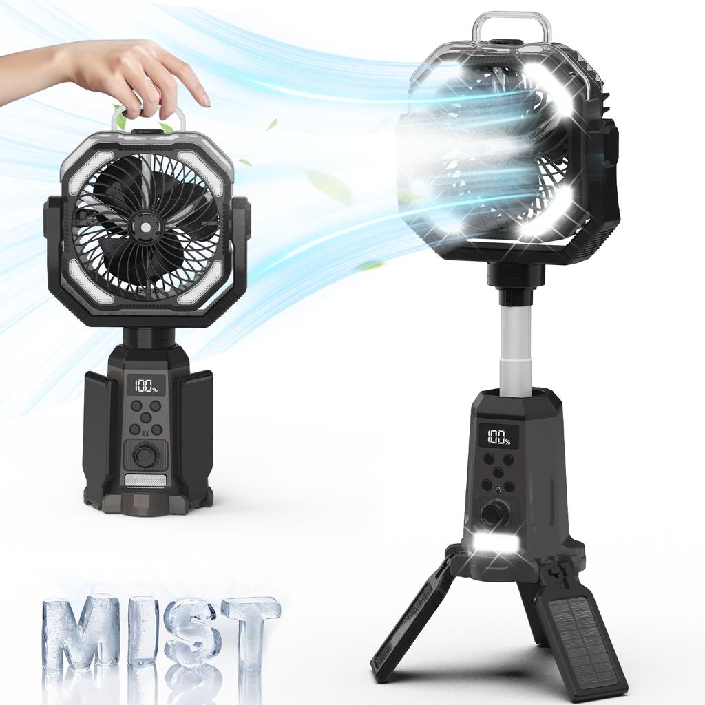 Camping spray fan, a portable fan with adjustable-height stand, powered by a 20,000mAh rechargeable battery, featuring remote control, LED light,