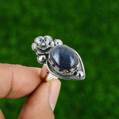 Geschenk für Sie Natürlicher Lapislazuli Statement Blume Verstellbarer Ring 925 Silber