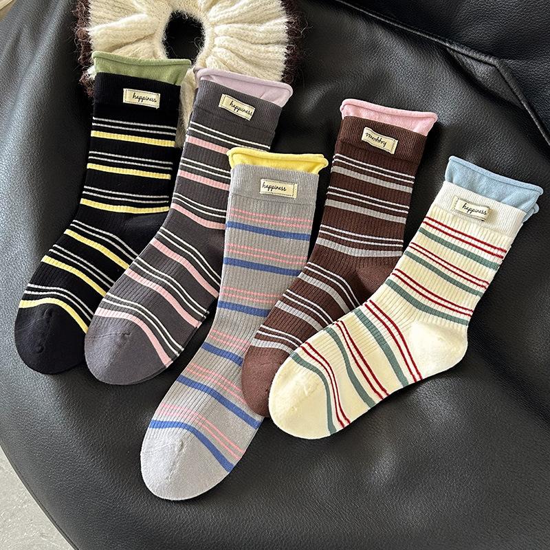 Color-blocking Striped Mid-calf Socks, Autumn Trend, Letter-label, Double-seam, Rolled-up, Pile Socks, Boneless