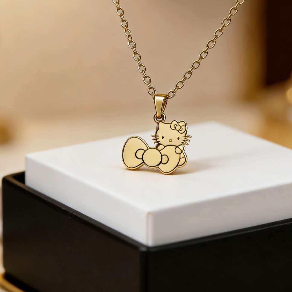 Creative Cartoon Kitty Bow Set: Colorfast Necklace & Earrings - Childlike Best Friend Accessories