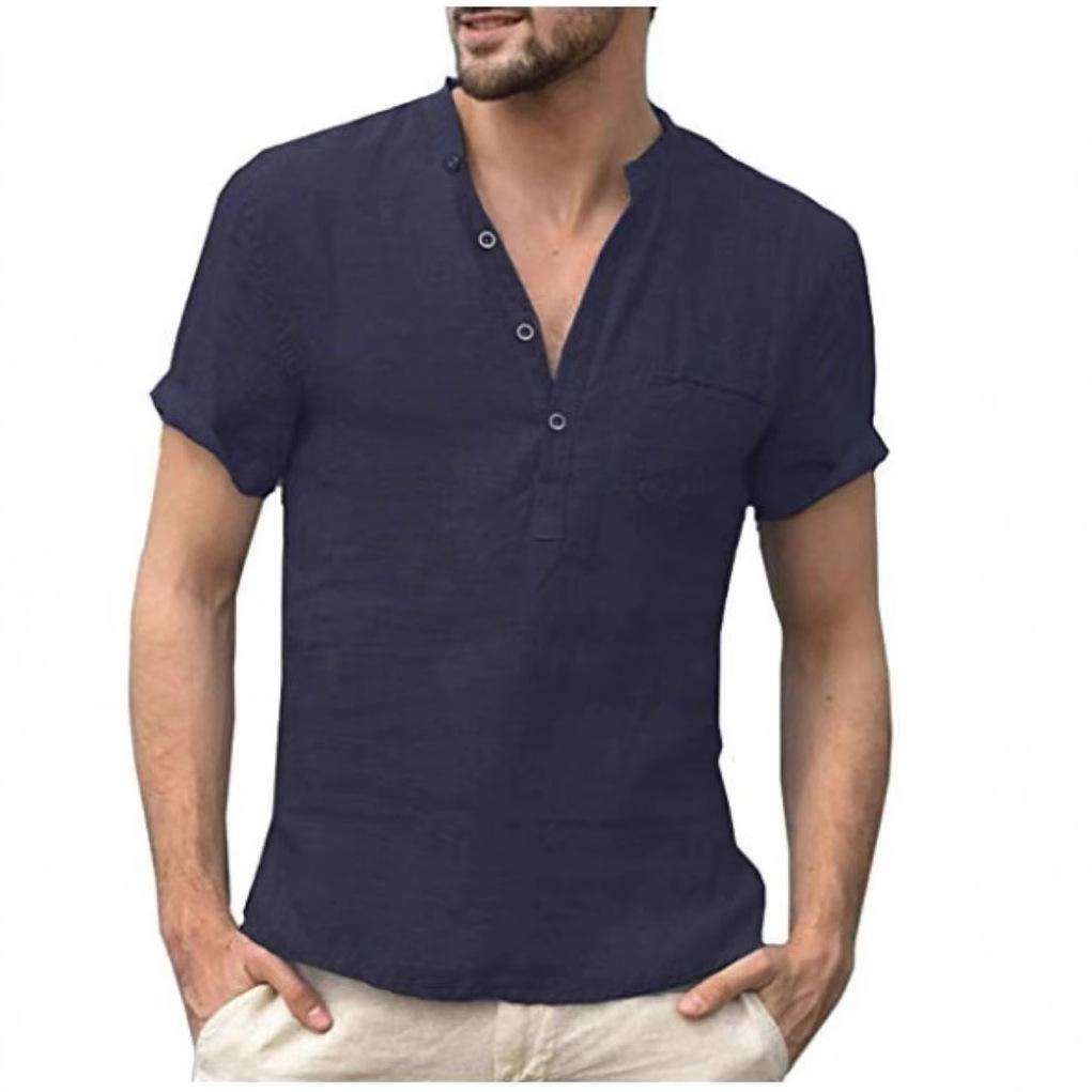 Sommer Baumwoll-Leinen kurzärmeliges Herren-T-Shirt Stehkragen Schnalle halb offene Knopfleiste einfaches einfarbiges kurzärmeliges T-Shirt