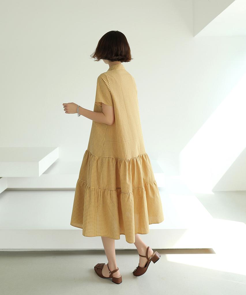 Ppaeppae Waffle Half-Open Check Long Dress