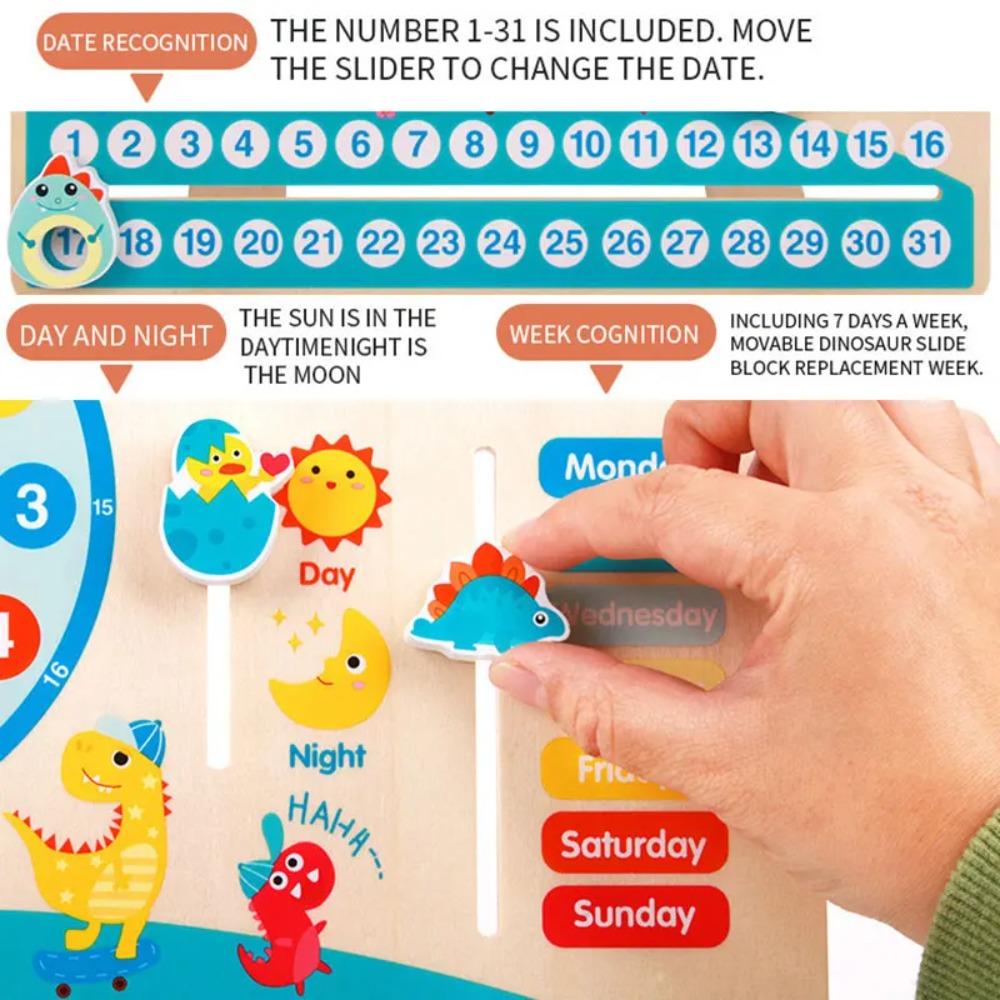 Bambini Dinosauro Calendario in Legno Orologio Giocattoli Educativi Montessori Apprendimento Educativo Ora Meteo Settimana Cognitivo Parish Giocattoli