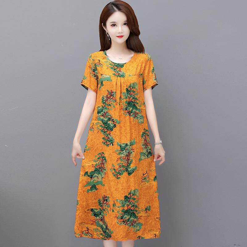 2023 Summer Floral Cotton & Rayon Dress - Stylish, Loose-Fitting, Short Sleeve for Middle-Aged & Elderly Women