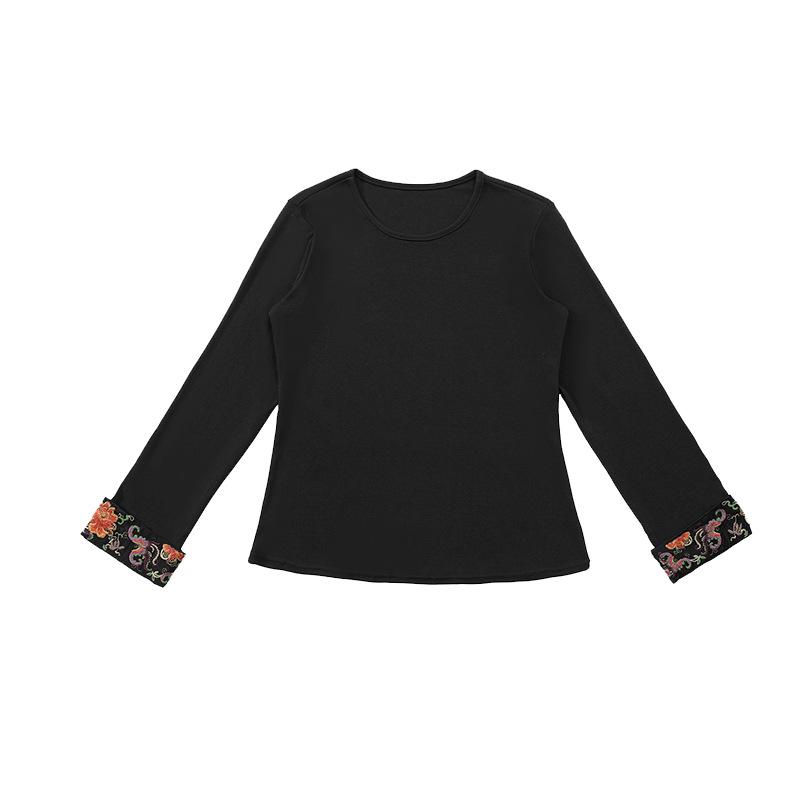 2024 Autumn Ethnic Women's Slimming Embroidered Round Neck Long Sleeve T-shirt