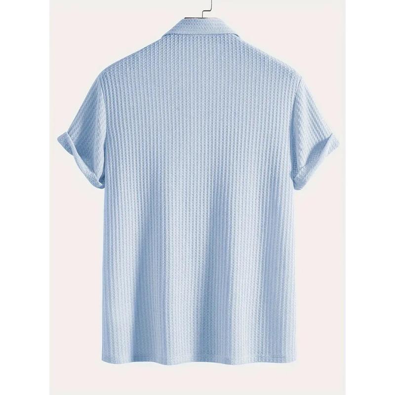 Men Waffle Knit Turn Down Collar Short Sleeve Polo Shirt Casual Breathable Solid Daily Tops