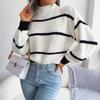 Women's Striped Knit Sweater with Puff Sleeves and Mock Neck Casual Cozy Pullover