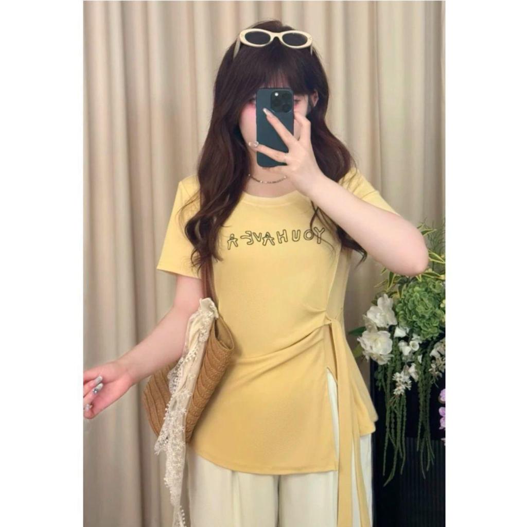 Women's Plus Size Lace-Up Slit Print Short Sleeve T-shirt - Summer Slimming Loose Fit Top