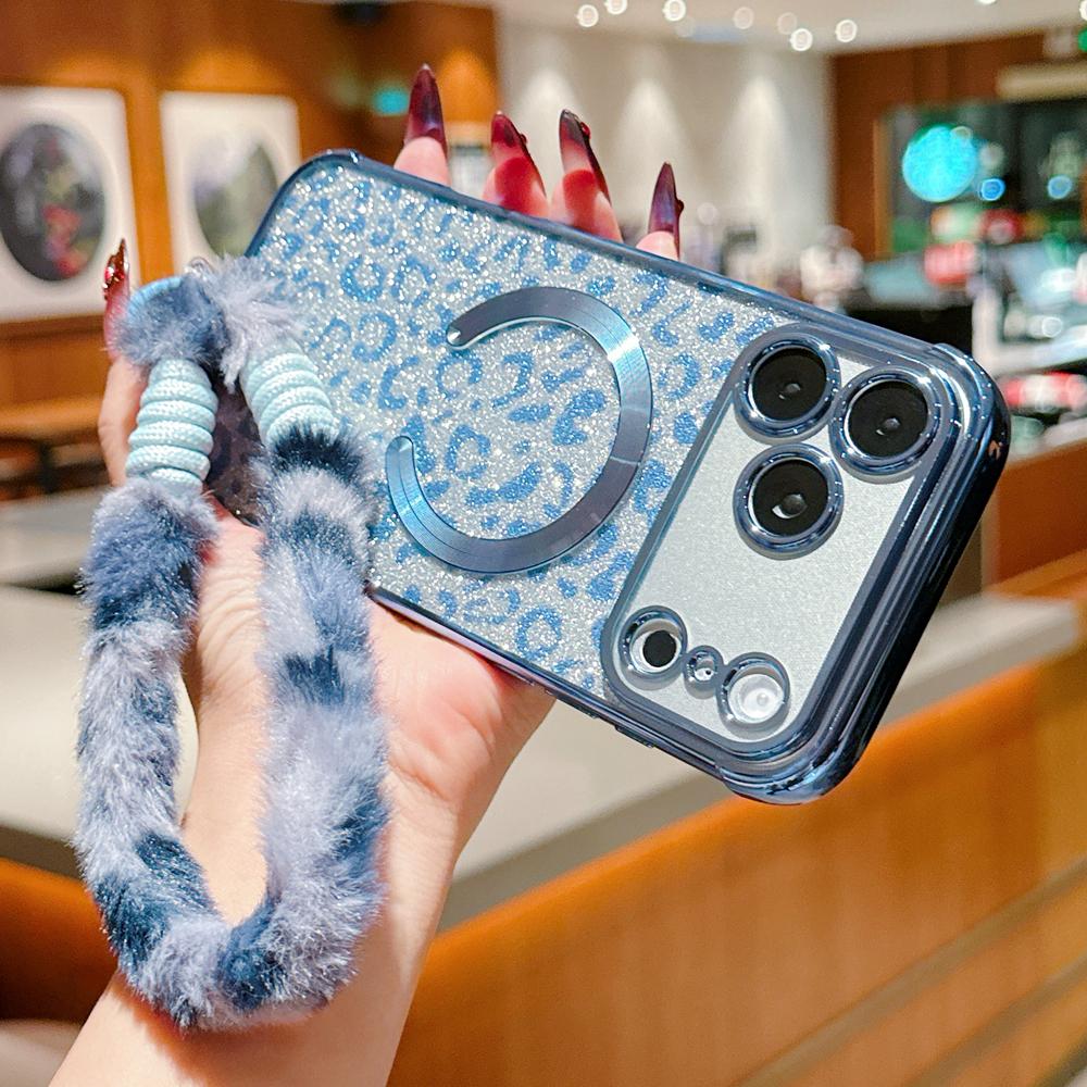 KEYSION Glitter Leopard Print Magnetic Phone Case for iPhone 13 14 15 16 17 Pro Max 17 Air 16 Plus With Plush Lanyard Shockproof Cover