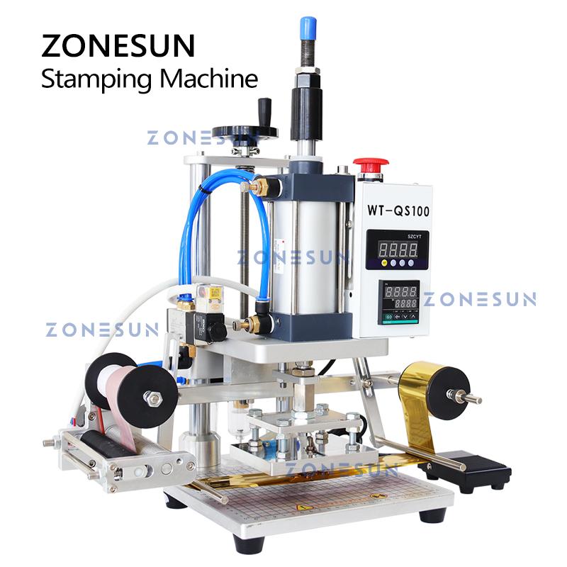 ZONESUN Pneumatische Stanzmaschine Heißpresse Digital Buch Lederbearbeitung Papier Holz Benutzerdefiniertes Logo Prägung Folienzuführer ZS-QS100