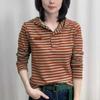 Fashion Striped Hooded Long-sleeved T-shirt Spring and Autumn All-match Plus Size Women's Slim Literary Retro Top