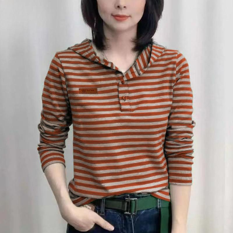 Fashion Striped Hooded Long-sleeved T-shirt Spring and Autumn All-match Plus Size Women's Slim Literary Retro Top