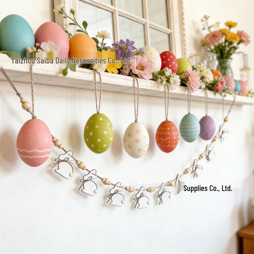 Pastoral Easter Rabbit Hanging Ornament: Handmade Wooden Bead Wreath for DIY Party Decoration