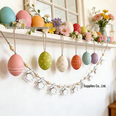 Pastoral Easter Rabbit Hanging Ornament: Handmade Wooden Bead Wreath for DIY Party Decoration
