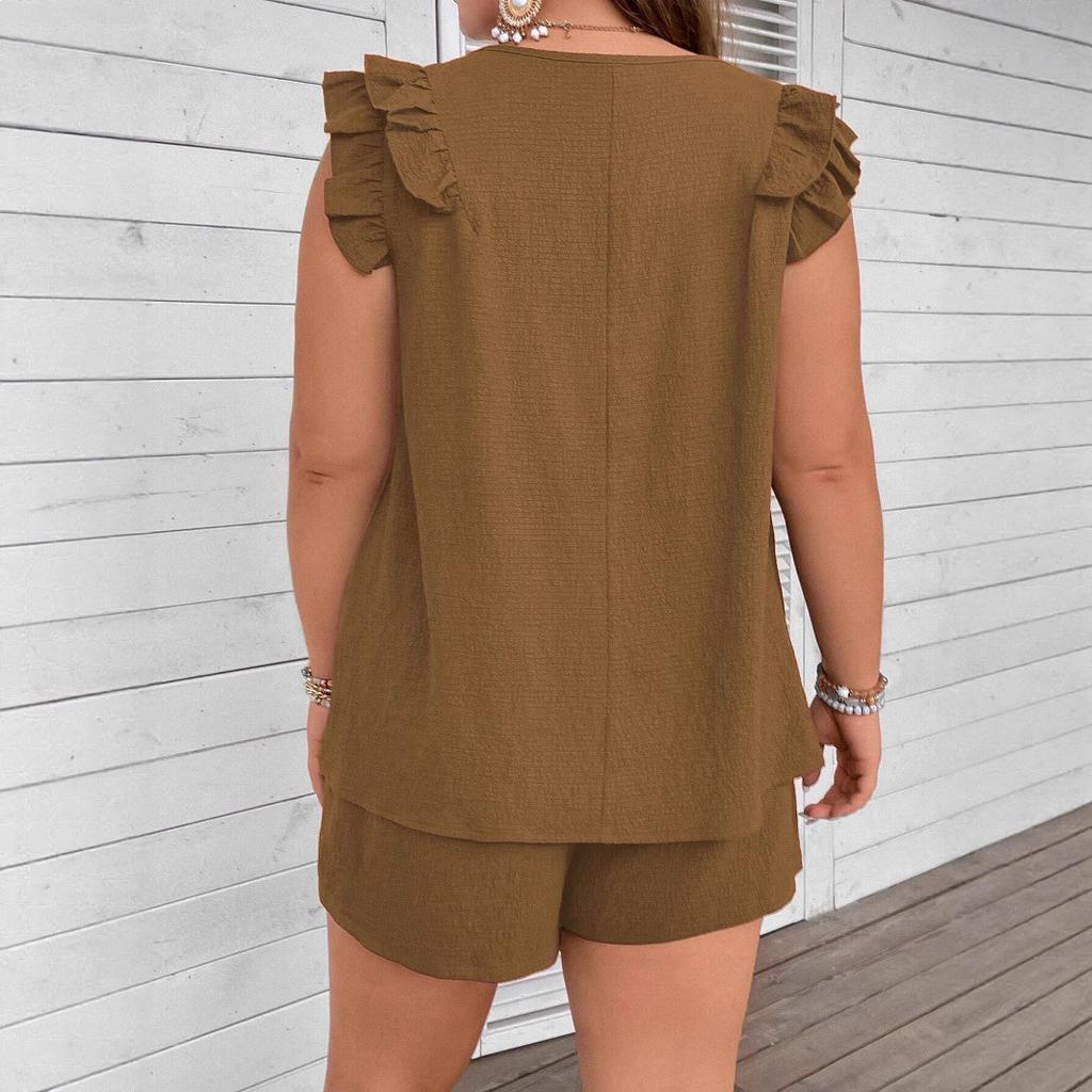 Spring and Summer Women's Casual V-neck Ruffled Vest, Top and Shorts Two-piece Set