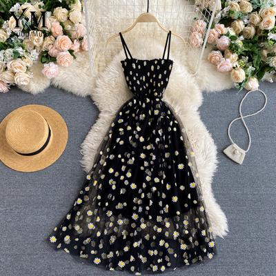 Vestido de malha estampado com margaridas da moda feminina, verão, cintura elástica dupla, vestido suspensório de férias, saia de praia