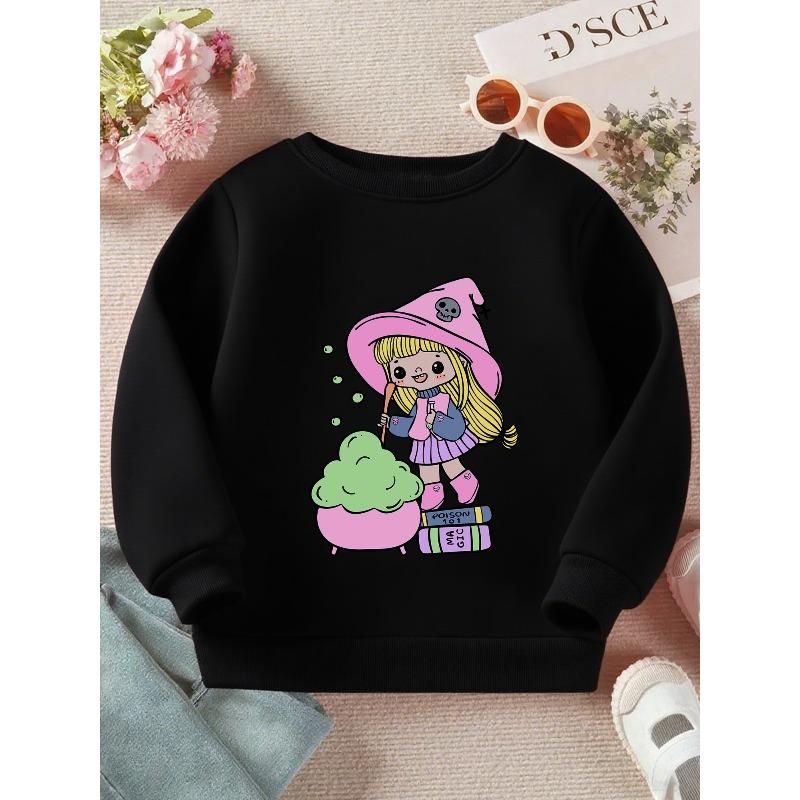Kids Crewneck Sweatshirt, Cute Potion Witch Halloween Graphic Print, Soft Casual Long Sleeve Pullover