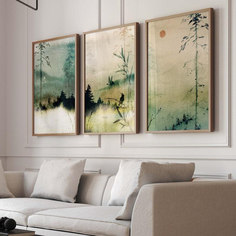 3 Stück/Set Japanische Sonnenaufgangs-Berglandschaft Leinwanddruck Grüne Bambuspflanze Wunderland Wandkunst Poster für Moderne Wohnkultur