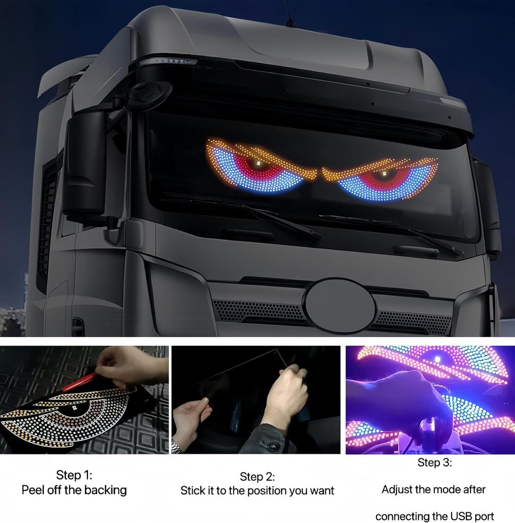 2 Stück Dynamisches Großes Teufelsaugenlicht 59,5x12 cm Bunte Augenlampe LED-Matrix-Panel-Licht 5V USB-Betrieben für Auto-Windschutzscheibe