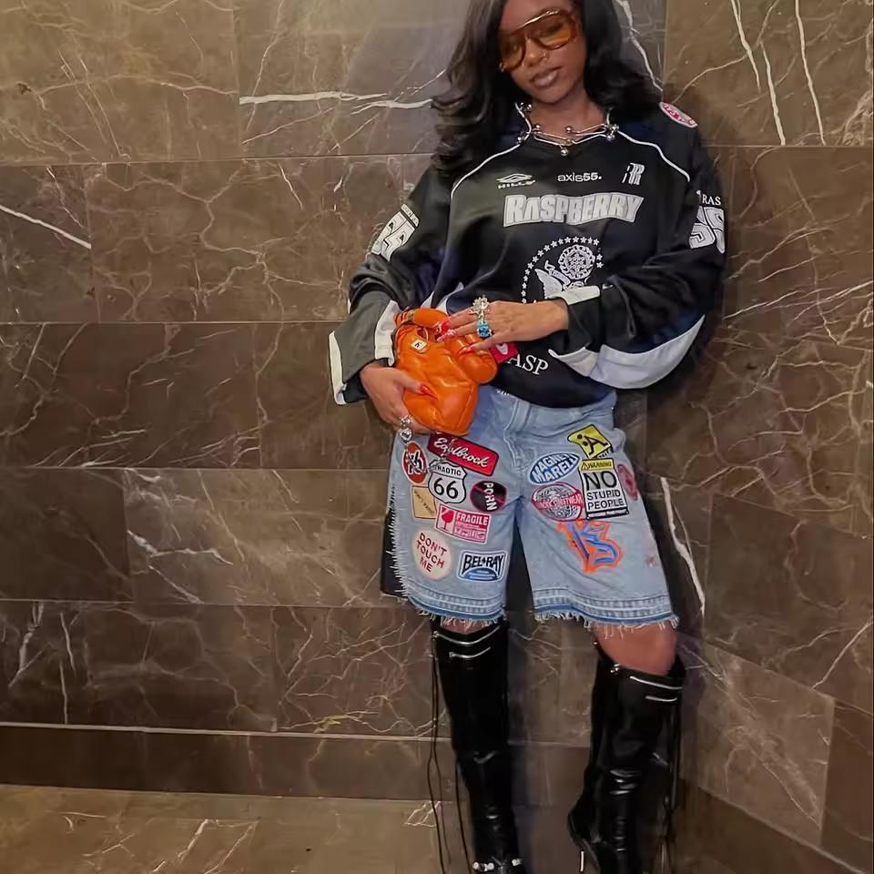 ZYLLO Streetwear Retro Patchwork Denim Short Y2K Jeans Men Women Hip Hop Car1oon Graphics Retro Blue Loose Denim Fitness Casual Shorts