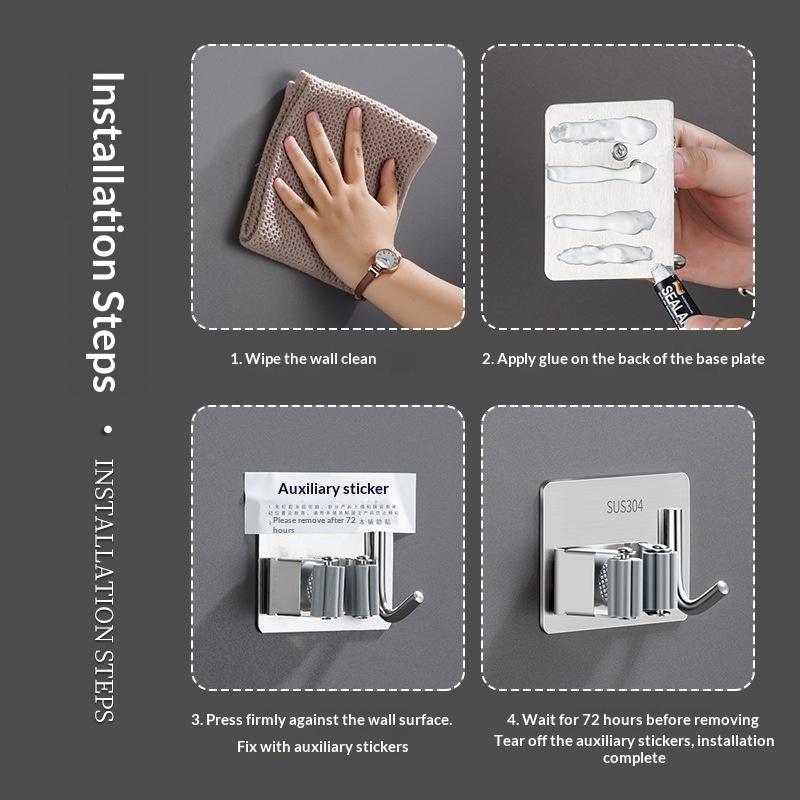 Wandmontierter Mopp-Organizer Clips Selbstklebend Badezimmer Mopp-Haken Halter Gestell Haken 304 Edelstahl Mopp-Clip Klemme
