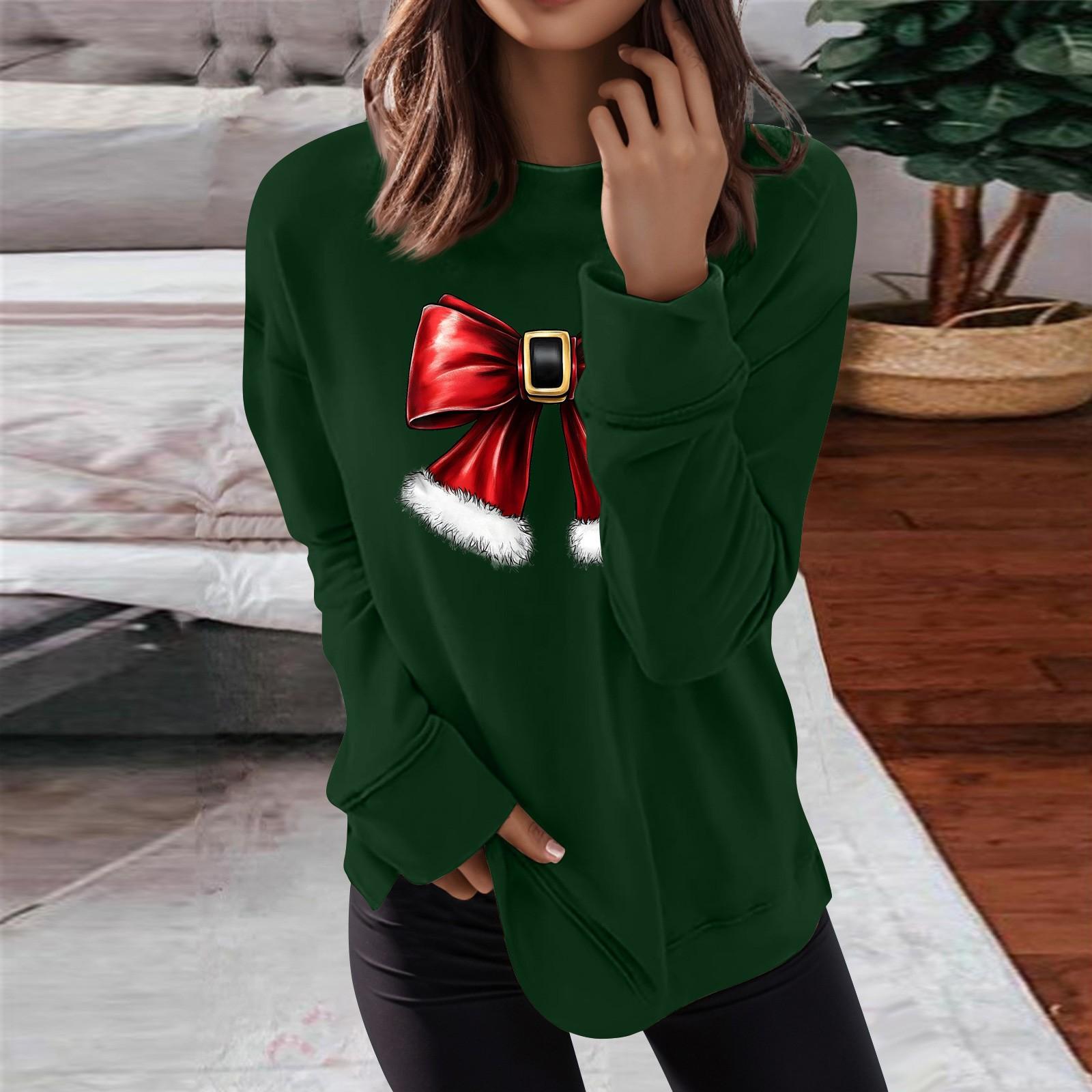 

Женская мода повседневная рождественская бантовая печать круглый вырез топ XXXXL