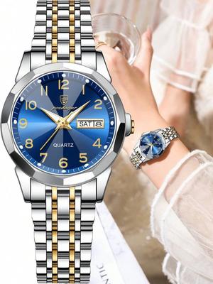Elegante Dameshorloges Waterdicht Lichtgevend Datum Week Horloge voor Vrouw Hoge Kwaliteit Roestvrij Staal Quartz Horloge
