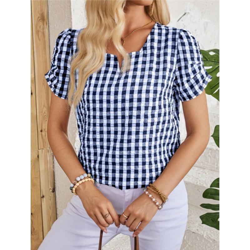 European and American summer new casual style v-neck short-sleeved plaid T-shirt top S синий