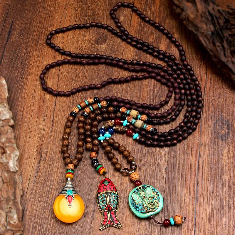 Handmade Bohemian Long Pendant Necklace Women With Wooden Beads Bodhi Seed Charm Vintage Ethnic Style