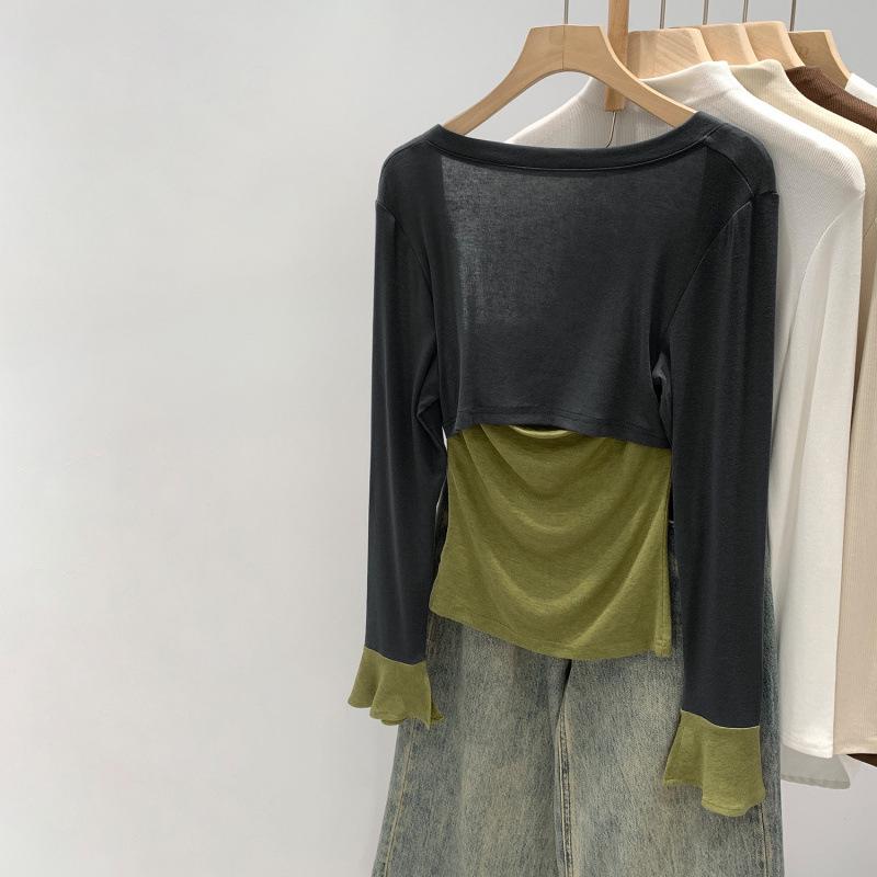 Women's Lyocell Tencel Patchwork Long Sleeve Waist-Cinching Top (Spring 2026 Collection)