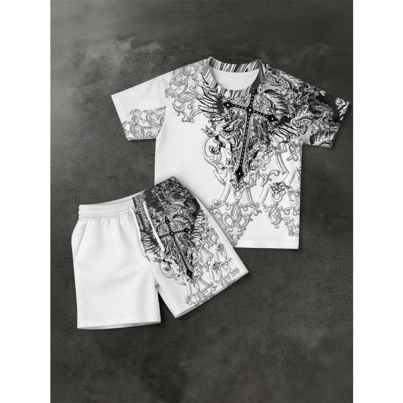 American Men's Summer Totem Cross Print Comfortable Breathable Round Neck T-Shirt Drawstring Shorts Set Outdoor Streetwear