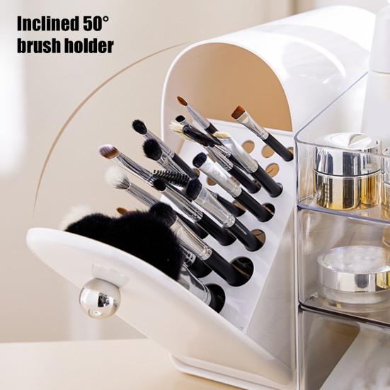 Cosmetic Storage Box with Removable Drawer 3-Layer Makeup Organizer with 27 Brush Slots Dustproof Moisture-Proof Makeup Brush Holder