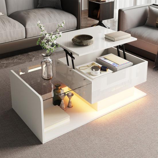 Couchtisch Hochglanz Glas Mitteltisch mit Schublade Öffnungsregal Einfache Montage Rechteckform LED Teetisch Zuhause