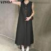 Summer Women O Neck Sleeveless Buttons Casual Long Tank Dress